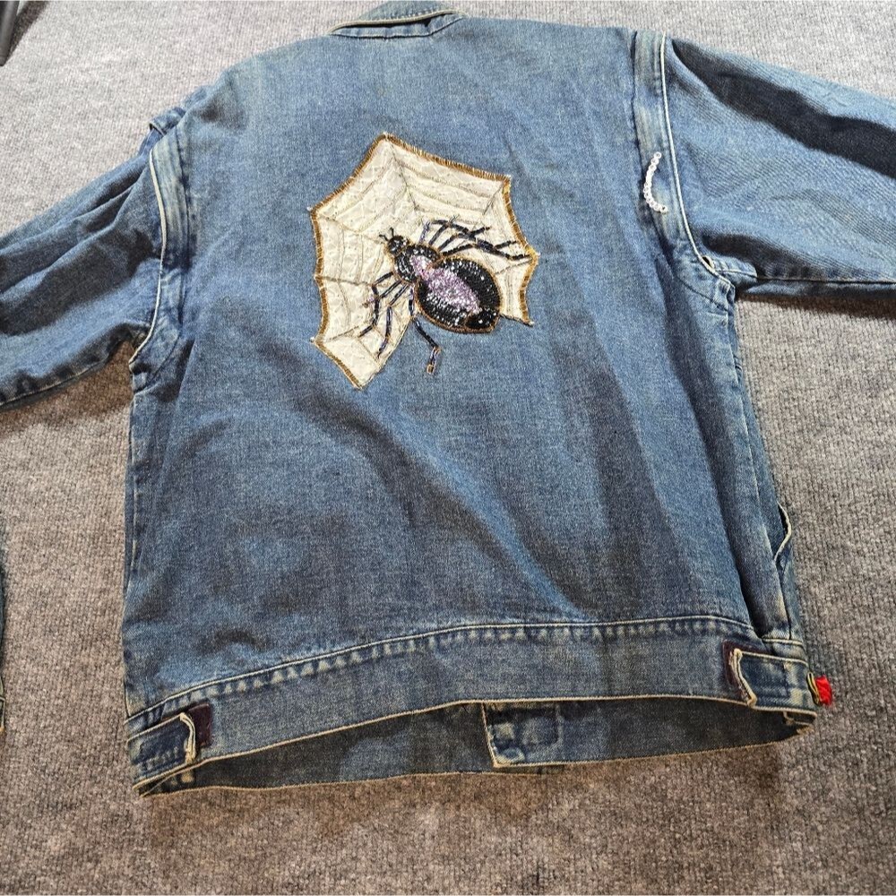 Vintage Beaded Spider Denim Jacket Detachable Sleeves Y2K Statement Streetwear M